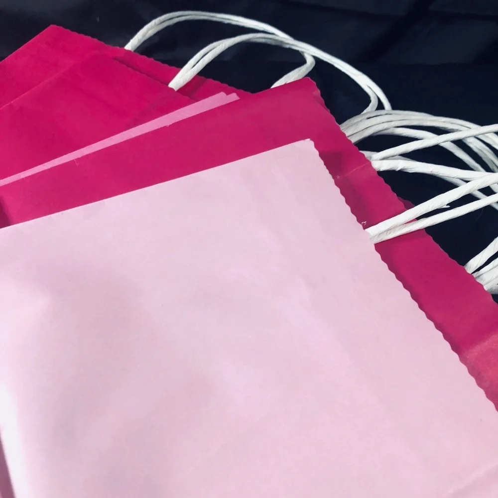 Pastel Pink Red and Lavender Gift Bag with White Twisted Handles